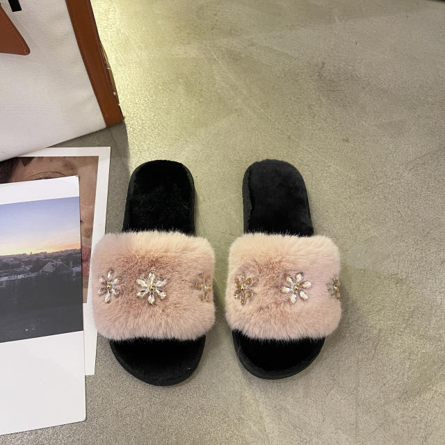 2022 rhinestone flower fluffy slippers