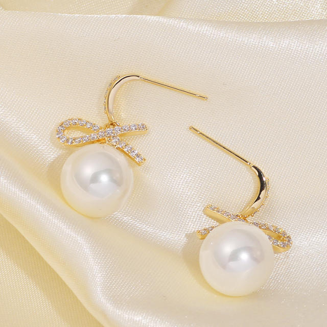 Diamond bow pearl clip on earrings drop earrings