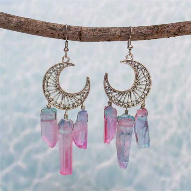 Natural clear pink crystal tassel hollow moon dangle earrings