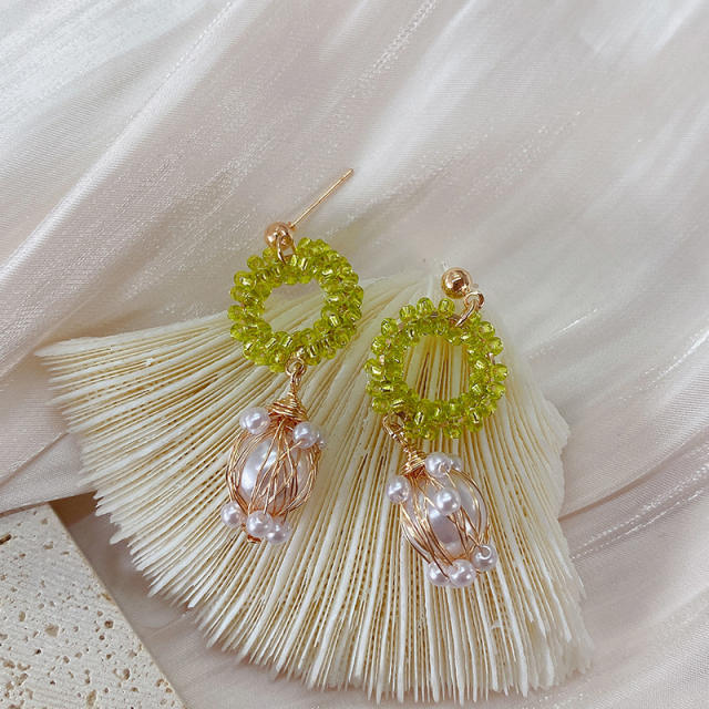 Green color crystal beaded pearl dangle earrings