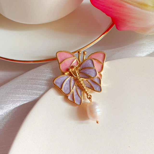 Vintage pink purple color enamel butterfly dangle earrings brooch