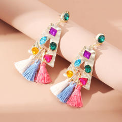 Colorful tassel cubic zircon statement holllow triangle earrings