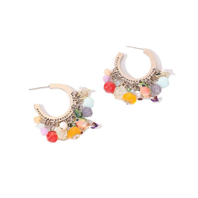 Colorful stone cyrstal cute bird tassel open hoop earrings