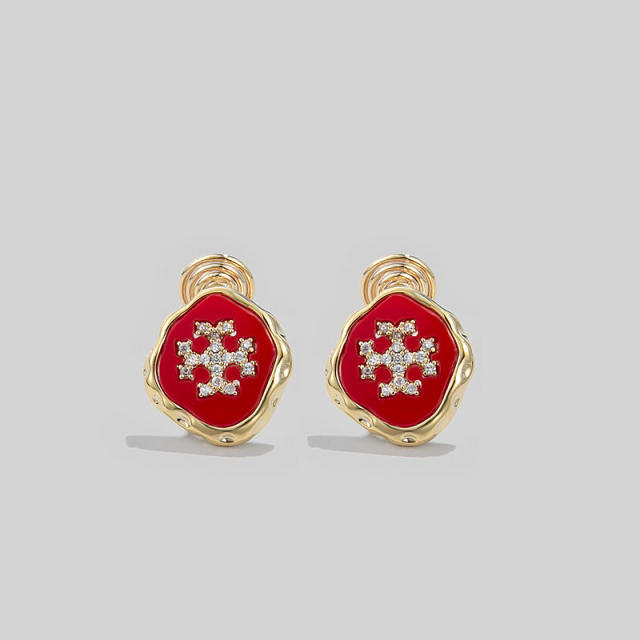 Rhinestone cross red clip on earrings