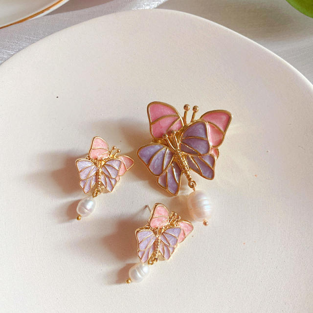Vintage pink purple color enamel butterfly dangle earrings brooch