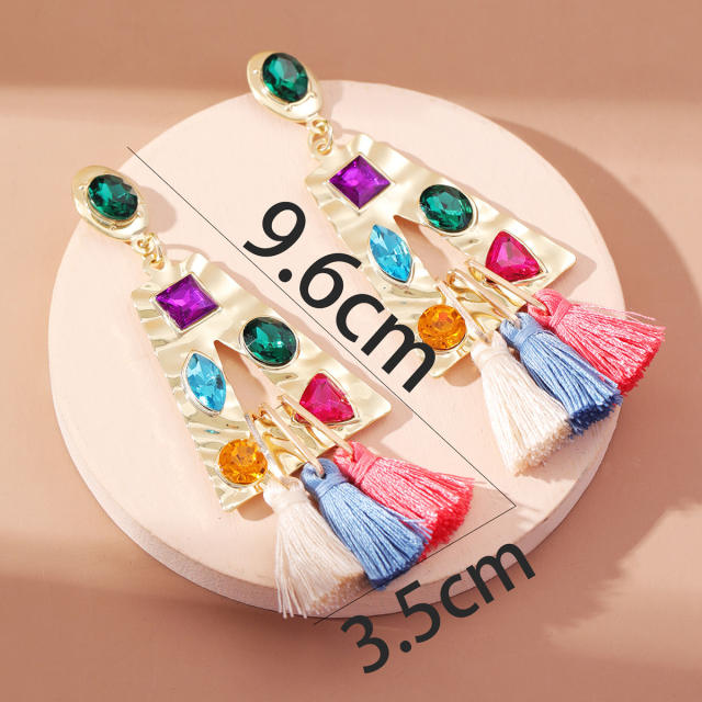 Colorful tassel cubic zircon statement holllow triangle earrings