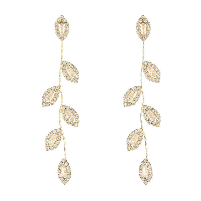 14KG real gold plated cubic zircon leaf dangle earrings