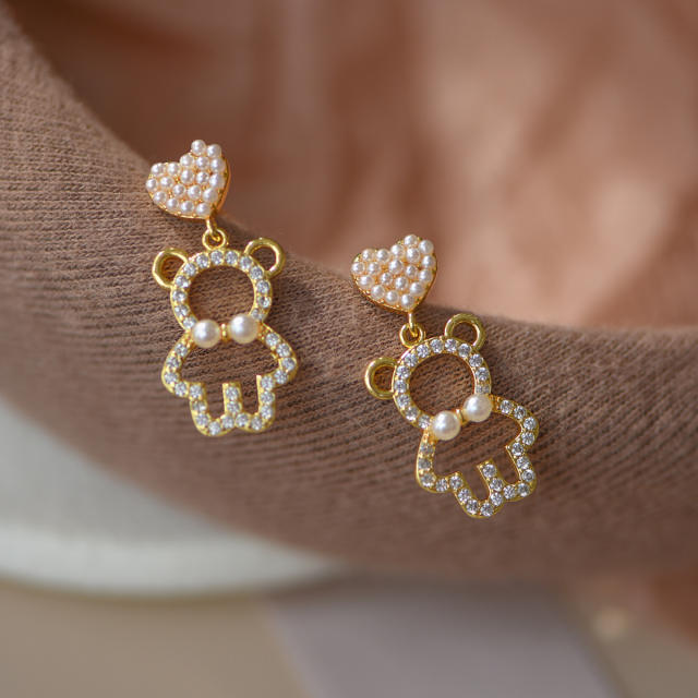 Cartoon pearl beaded bear clip on earrings drop earrings