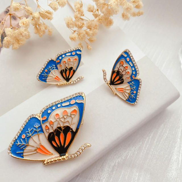 Vintage enamel butterfly ear studs brooch