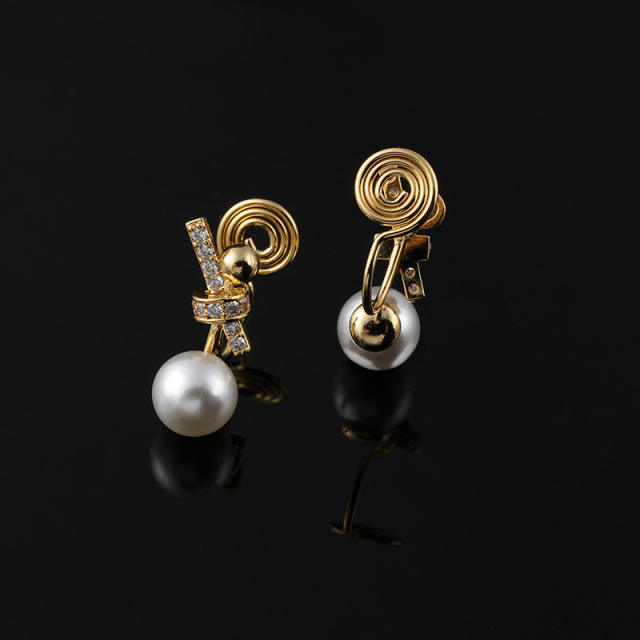 Knot diamond pearl clip on earrings