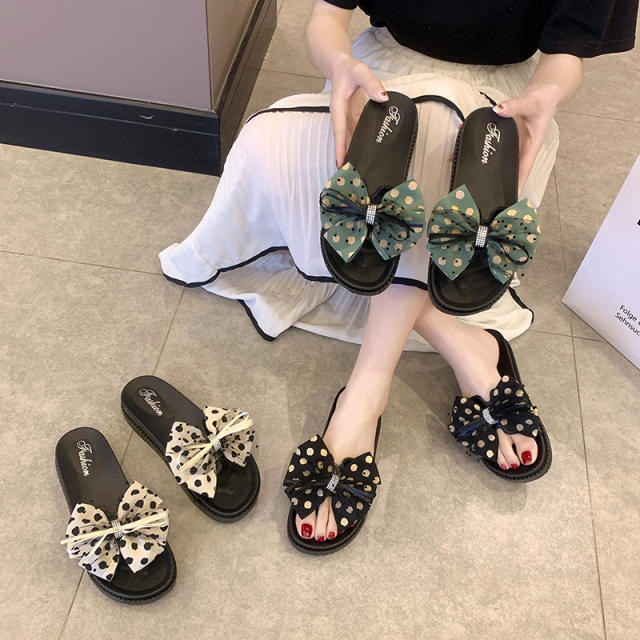 Polka dots bow platform slippers