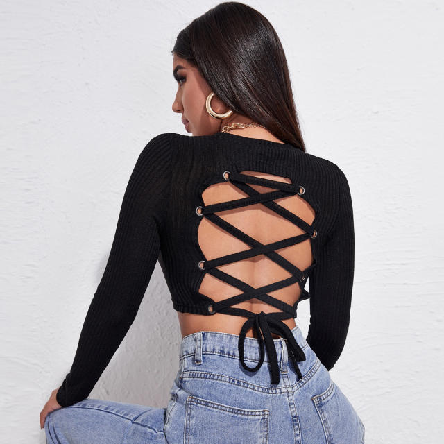 long sleeve sexy tie back crop tops