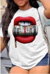 Summer red lips bite US dollar printed women's large size short sleeve t-shirt