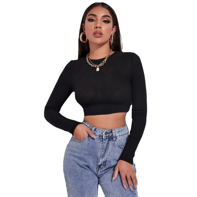 long sleeve sexy tie back crop tops