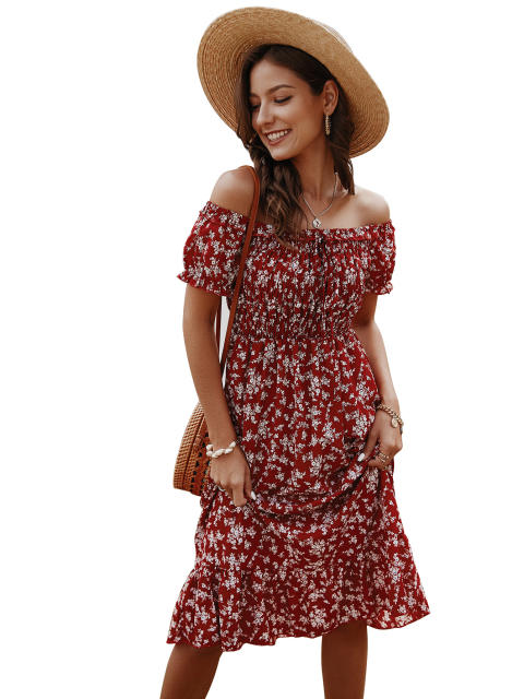 Boho floral off shoulder smocked dress