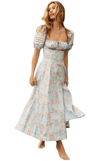 Summer floral puff sleeve square neck maxi dress