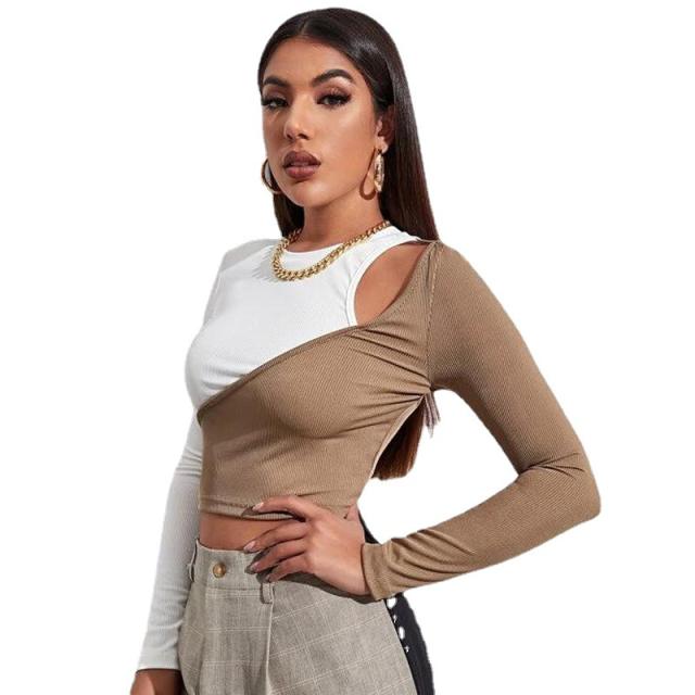 Patctwork sexy long sleeve knitted tops