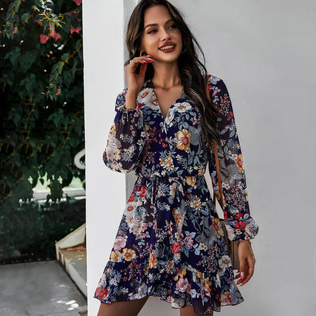 Amazon hot sale flower printing long sleeve chiffon short dress