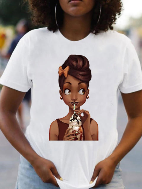 Fashion summer black girl printed women's short sleeve t-shirt