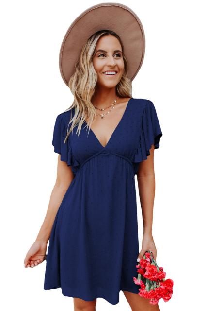 Ruffles sleeve V neck short dress for women