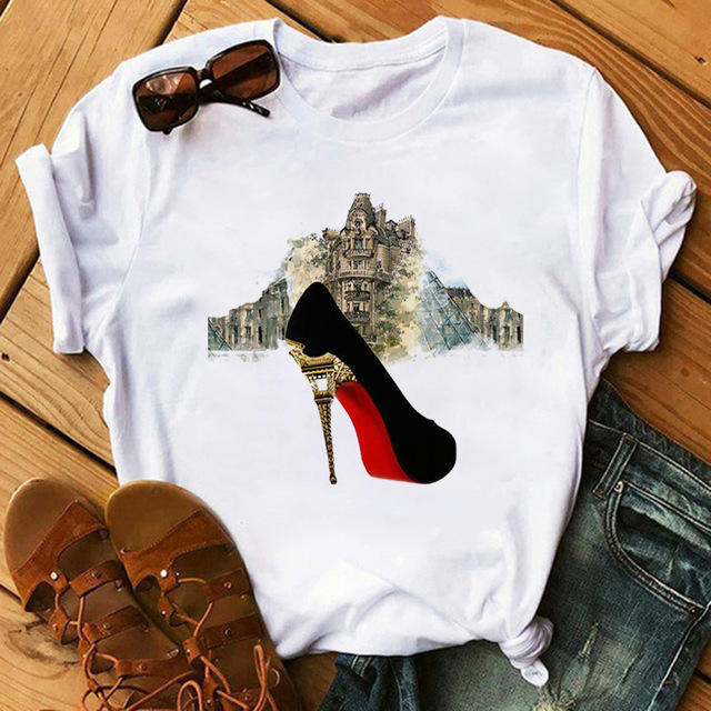 Fashion high heels printed women's short sleeve printed