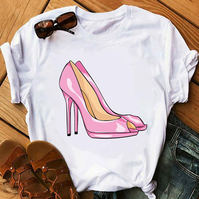 Fashion high heels printed women's short-sleeved T-shirt