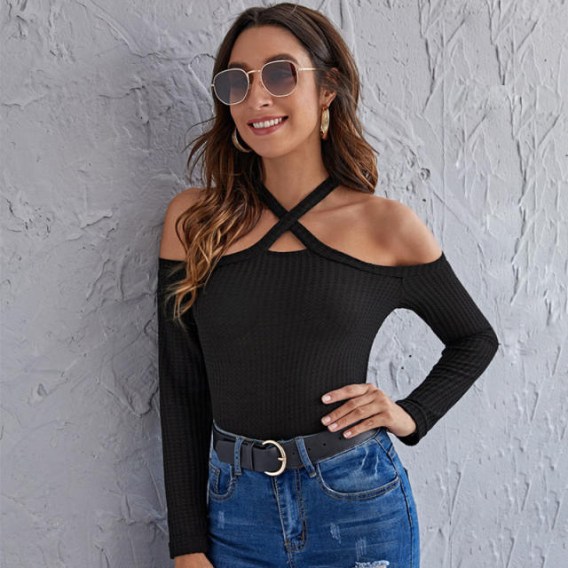 Sexy halter neck long sleeve woman jeans tops