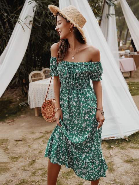 Boho floral off shoulder smocked dress