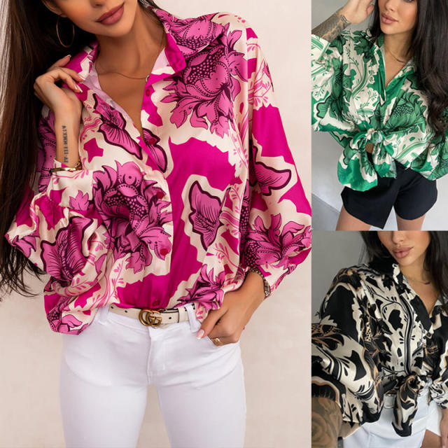 Colored flower print long sleeve blouse