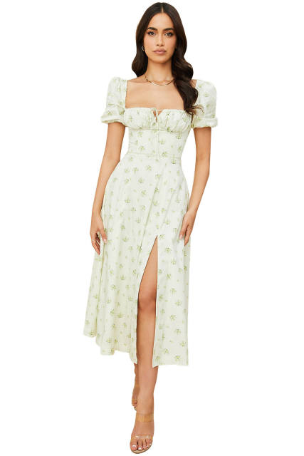 Summer floral puff sleeve square neck maxi dress