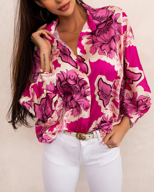 Colored flower print long sleeve blouse