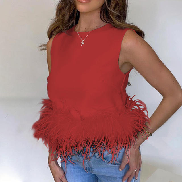 Amazon hot sale zip back feather sleeveless tops