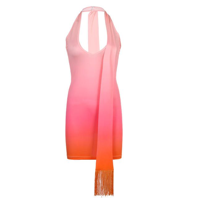 Summer women's tassel gradient low collar halter dress