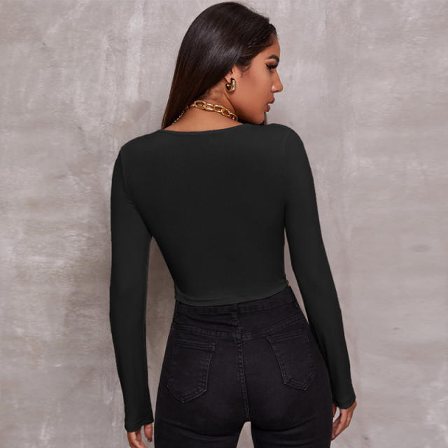 Zip front knitted long sleeve cropped tops