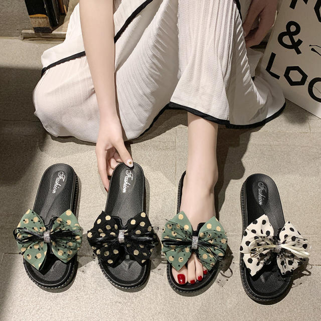 Polka dots bow platform slippers