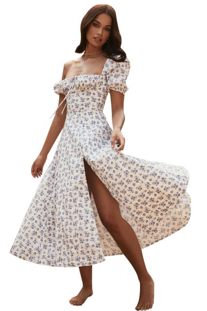 Summer floral puff sleeve square neck maxi dress