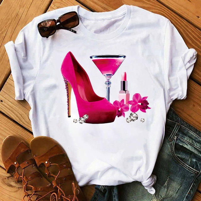 Fashion high heels printed women's short-sleeved T-shirt