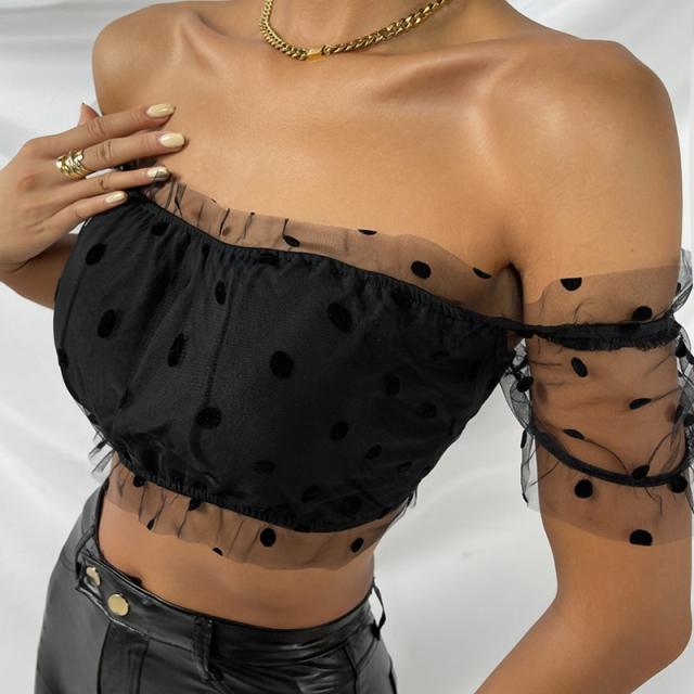 Sexy polka dots mesh off shoulder tops