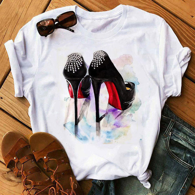 Fashion high heels printed women's short-sleeved T-shirt