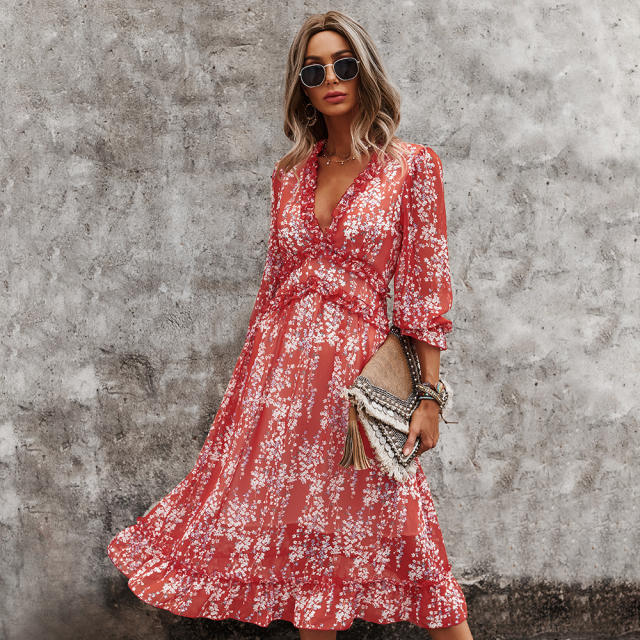 Long sleeve summer chiffon midi dress