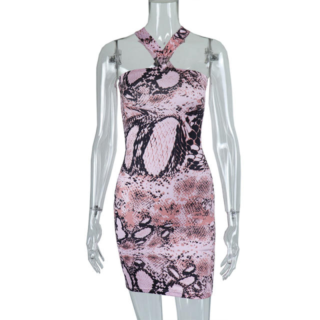 Snake pattern hatler neck short bodycon dress for women