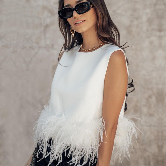 Amazon hot sale zip back feather sleeveless tops