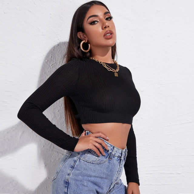 long sleeve sexy tie back crop tops