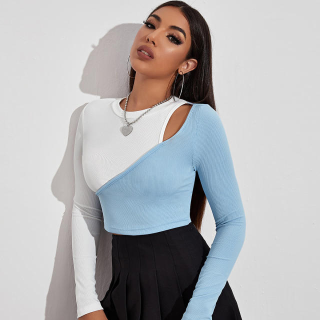 Patctwork sexy long sleeve knitted tops