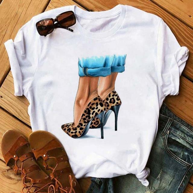 Fashion high heels printed women's short sleeve printed