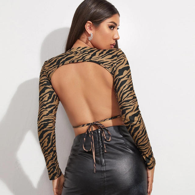 Sexy zebra pattern long sleeve backless crop tops