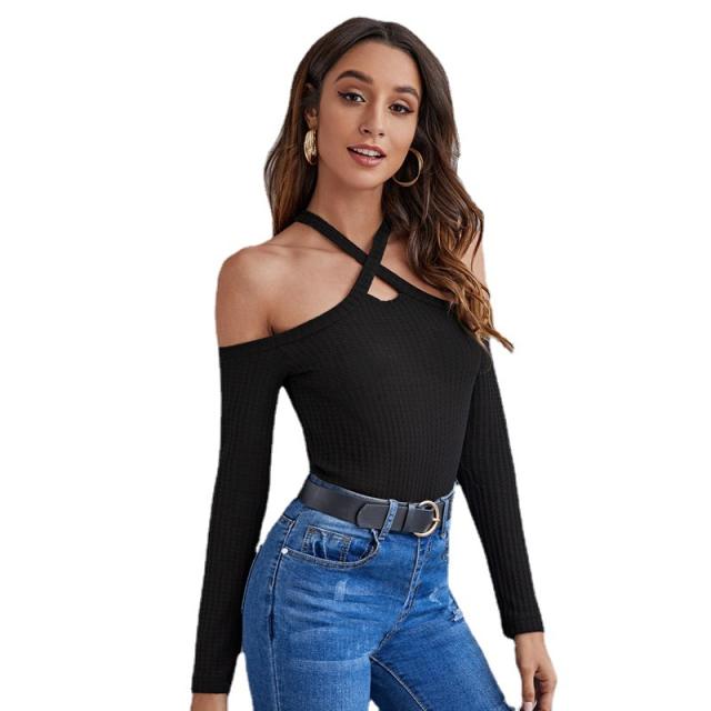 Sexy halter neck long sleeve woman jeans tops