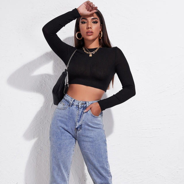 long sleeve sexy tie back crop tops