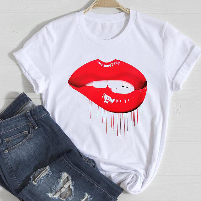 New red lip letter printed women's short-sleeved T-shirt