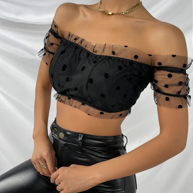 Sexy polka dots mesh off shoulder tops